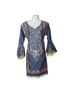 Denim Style Blue Color Ladies Kurta - 1Pcs With Silver/Red Embroidered Flowers Ladies Shirt