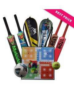 Buy Bundle Pack of 4 - Hi Qua Badminton Rackets - Pair, Football, Cricket Tennis Ball, Cricket Bat, Ludo